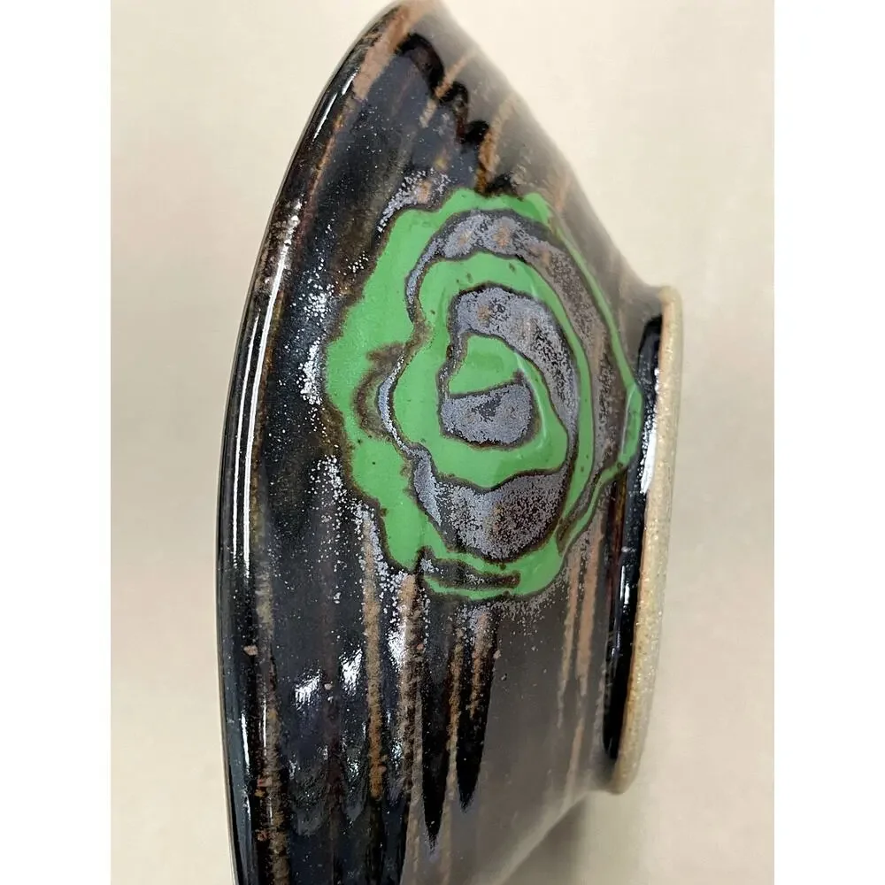 Studio Pottery Handcrafted Brown Glazed Bowl Green Swirl Abstract 7.75in Artisan